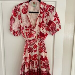 FARM Rio Red and White Wrap Midi Dress with Puff Sleeves